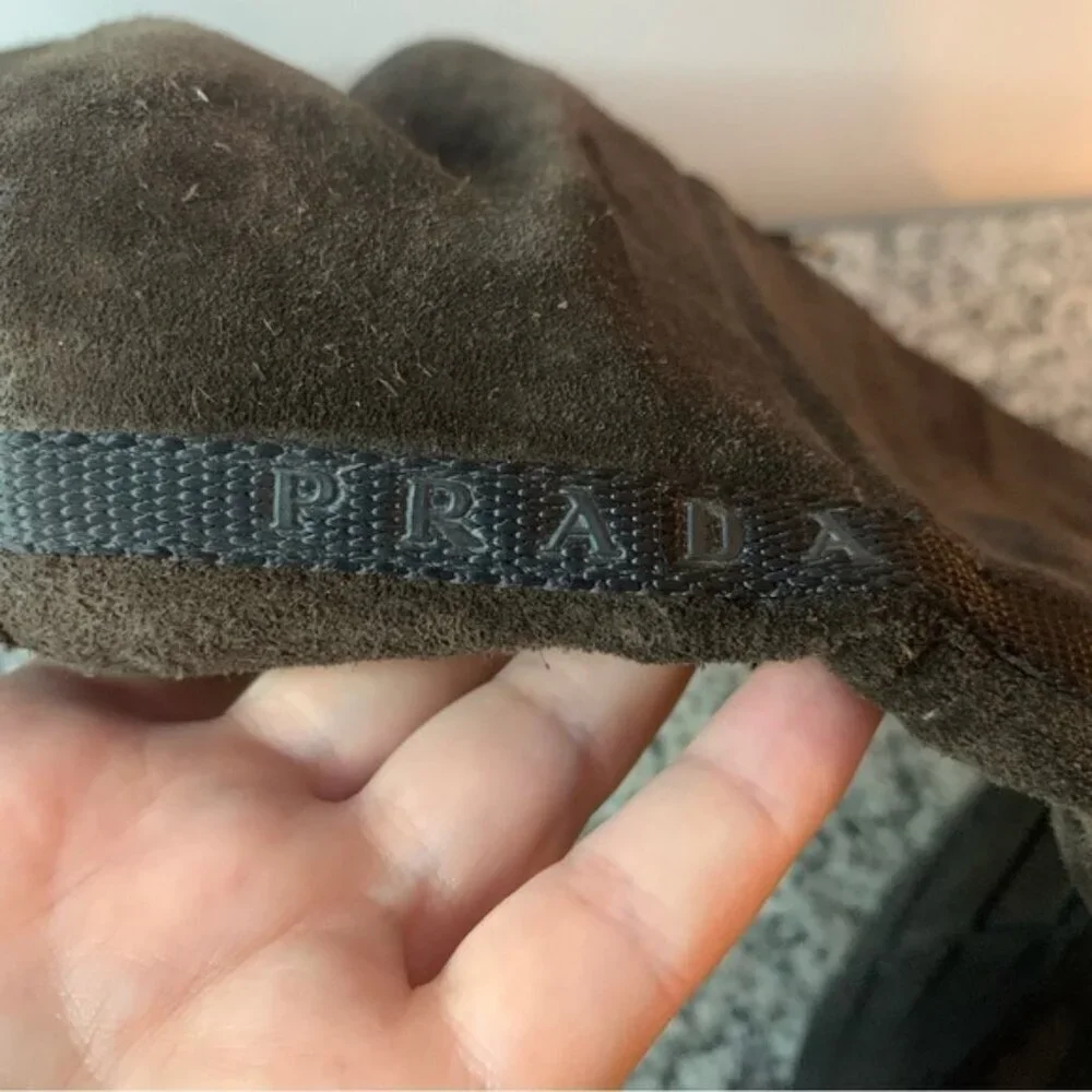 Prada Brown Suede Leather Shearling Knee High Wedge Boots 7
